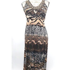 Animal Print Beaded Halter Maxi Dress With Cross Back Design & Stretch Fabric